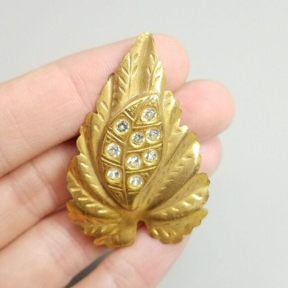 Vintage Gold Tone Rhinestone Leaf Dress Clip Shoe Clip Scarf Clip, Retro Brooch - Picture 1 of 7